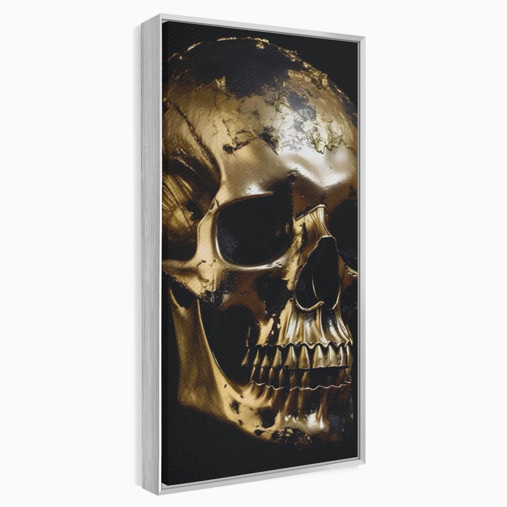 Tablou canvas cu tablou canvas cu craniu auriu, in rama de aluminiu argintiu